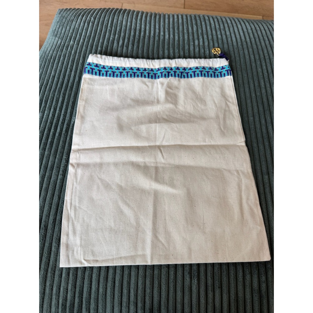 Tory Burch Dust Bag Pouch Beige Blue Logo‎ Charm Drawstring Travel Accessory